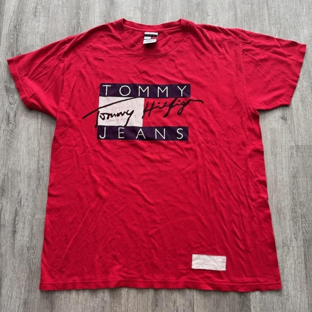 Vintage Tommy Hilfiger Jeans Shirt Mens Medium Red Flag Graphic Tee 90s USA